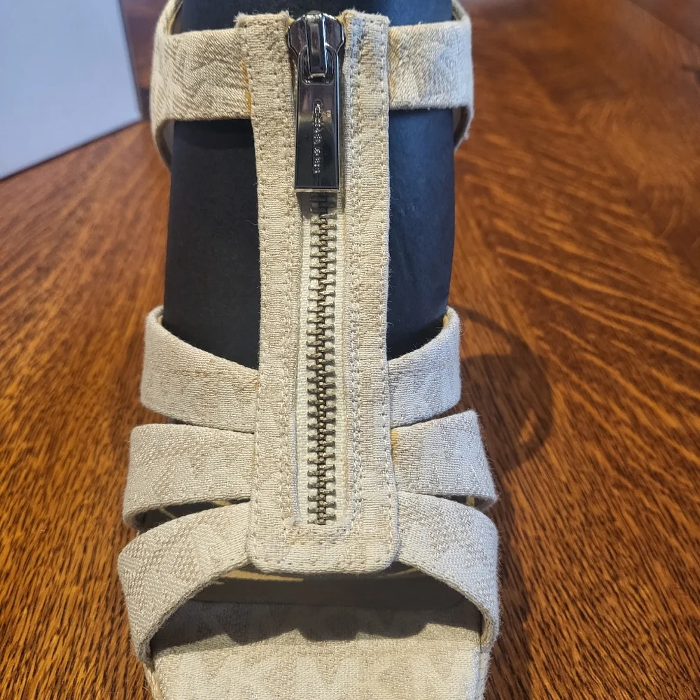 Michael Kors Berkley Platform Wedge Sandal MK Logo Cream Canvas Size 7